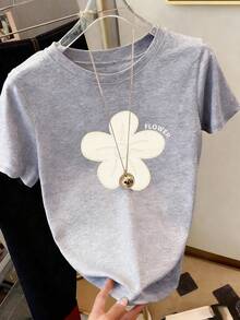 Resyla Women's Fitted Short Sleeve T-Shirt With White Ink Print - Grey - View 4