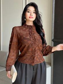 Dazy Plus Plus Size Women's Floral 3D Cutout Decor Puff Sleeve Elegant Blouse - Khaki - View 5