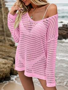 Swim Vcay Summer Holiday Beach Leisure Loose Knitted Cover-Up Hollow-Out Summer Sweater - Pink - View 6
