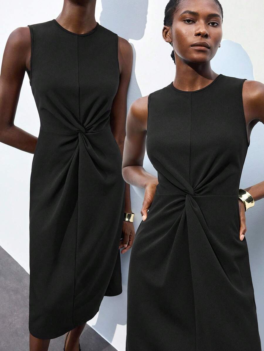 Maija 2026春夏新款黑色无袖扭结褶皱修身连衣裙，剪裁优美，优雅大方，适合派对和都市通勤。 - 黑色 - 查看 1