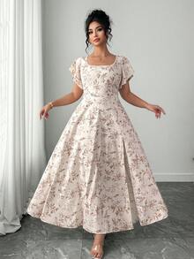 Elenzga Rochie stil rustic, casual, cu imprimeu floral, mărime plus - Caisă - Vizualizare 3