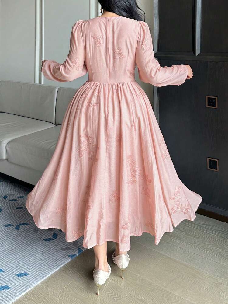 Dazy Plus Embroidered Floral V-Neck Waist Cinched Elegant Long Sleeve Plus Size Women Spring/Summer Pink Dress Sundress