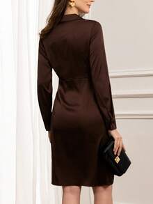 Miaspire 女式纯色撞色蕾丝长袖优雅中长连衣裙 - 棕色 - 查看 2