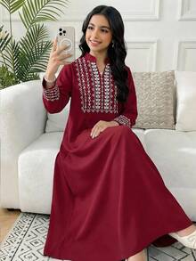 SHEIN Tween Girl Graphic Print Notched Neck Long Sleeve Casual Dress - Burgundy - View 1