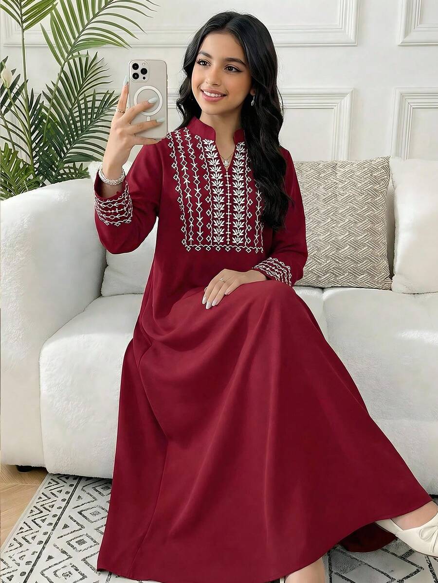 SHEIN Tween Girl Graphic Print Notched Neck Long Sleeve Casual Dress - Burgundy - View 1