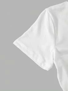 SHEIN Tween Girl White Crew Neck Cropped Fitted Short Sleeve Floral & Letter Print T-Shirt Top, Young Girl Casual Comfortable Fashion Graphic Tee Suitable For Daily Wear, Outings, School - White - View 4