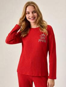 Loomlin 100%Cotton Letter Graphic Ribbed Knit Lounge Set - Red - View 5