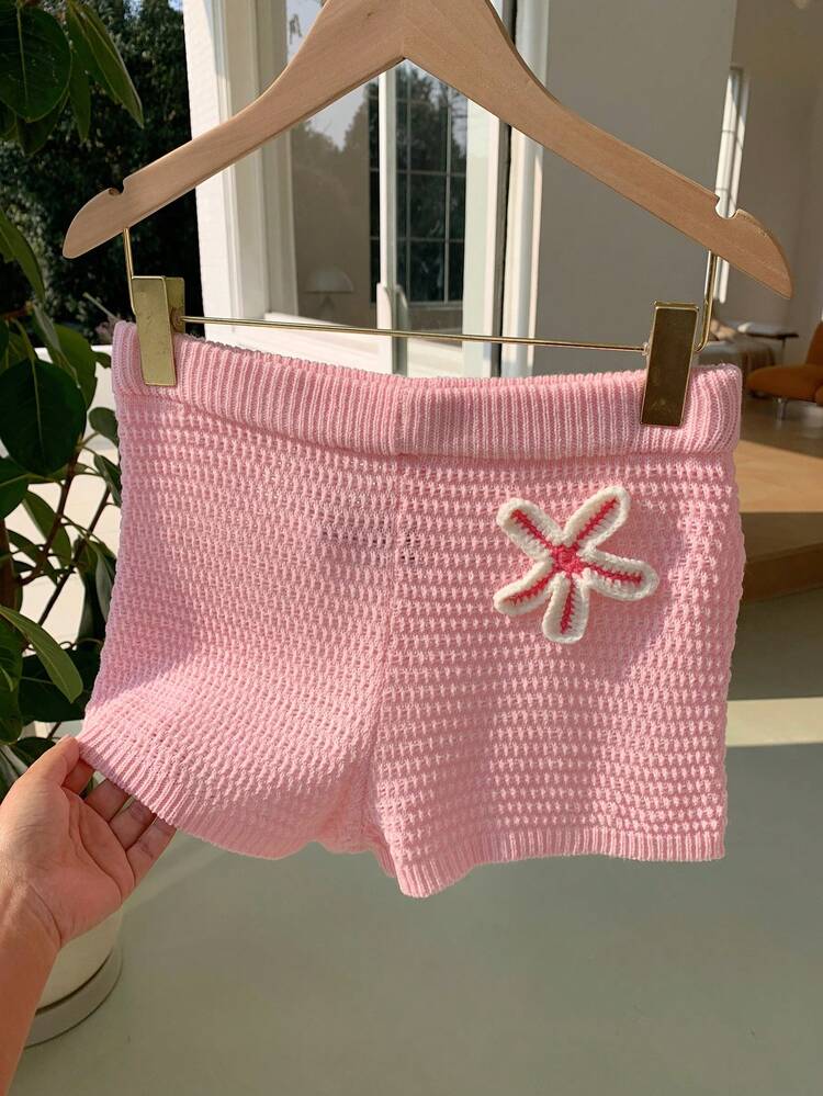Comfortcana 手工钩织海星装饰女士休闲毛衣短裤 - 粉色 - 查看 6