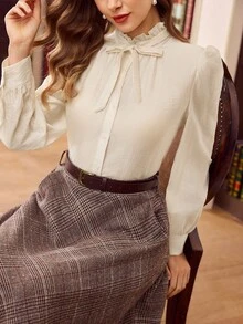Vintamour Vintage Elegant Women Shirt Bow Tie Striped Texture Button Closure Casual Commute Holiday Wear Long Sleeve Summer Clothes Summer Outfits Summer Tops Spring Outfit Women Spring Break Outfits Spring Clothing Elegant Women's Blouses Elegant Blouses For Ladies White Top White Blouse - Apricot - View 4