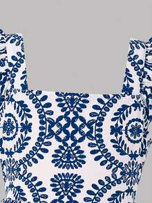 Emery Rose Kids 少女蓝白纯色梭织方领无袖荷叶边连衣裙，露背蝴蝶结镂空设计，适合度假、节日、午餐、音乐节等场合。 - 藍色 - 查看 7