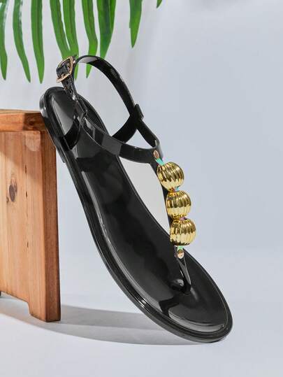 SHUZIA Women Comfy Vacation Metal Decor Ankle Strap Clear Jelly Flat Sandals