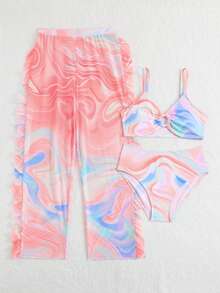 SHEIN 少女比基尼套装，可爱橙色波纹针织面料，分体式三件套，长纱裤，肩带缠绕白色圆圈，三角裤，长纱裤，时尚休闲，精致华丽，适合游泳，适合夏季度假、海滩、游泳池、夏季派对、休闲度假。少女三件套比基尼带罩裤，比基尼套装带薄纱裤，两件套泳装带裤子，比基尼套装带沙滩裤，两件套沙滩装，少女泳装套装，少女三件套泳装，少女三件套沙滩装，比基尼带纱笼裙。 - 彩色 - 查看 5