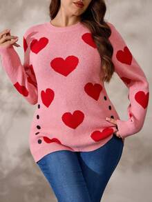 EMERY ROSE Plus Size Women Heart Pattern Button Decor Casual Pullover Sweater, Suitable For Autumn/Winter, Valentine's Day - Pink - View 3