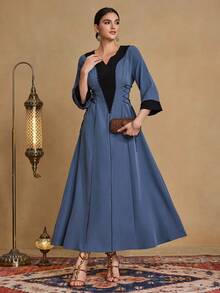 Al Najma Women's Solid Color Casual Fashionable Minimalist Contrast Color Patchwork Tie Waist A-Line Arabic Style Dress - Navy Blue - View 4