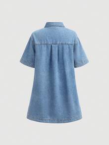 SHEIN 少女时尚返校街头风混搭百搭设计Y2K复古酷炫街头蓝色牛仔短袖衬衫式宽松连衣裙，适合少女日常穿着，也适合春夏派对、节日和街头服饰。 - 藍色 - 查看 2