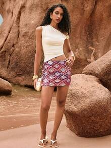 女士亮片拼接印花紧身迷你裙 - 玫紅色 - 查看 5