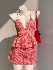 Comfortcana 红色编织女士心形格子印花吊带背心和短裤休闲套装 - 紅色 - 查看 7