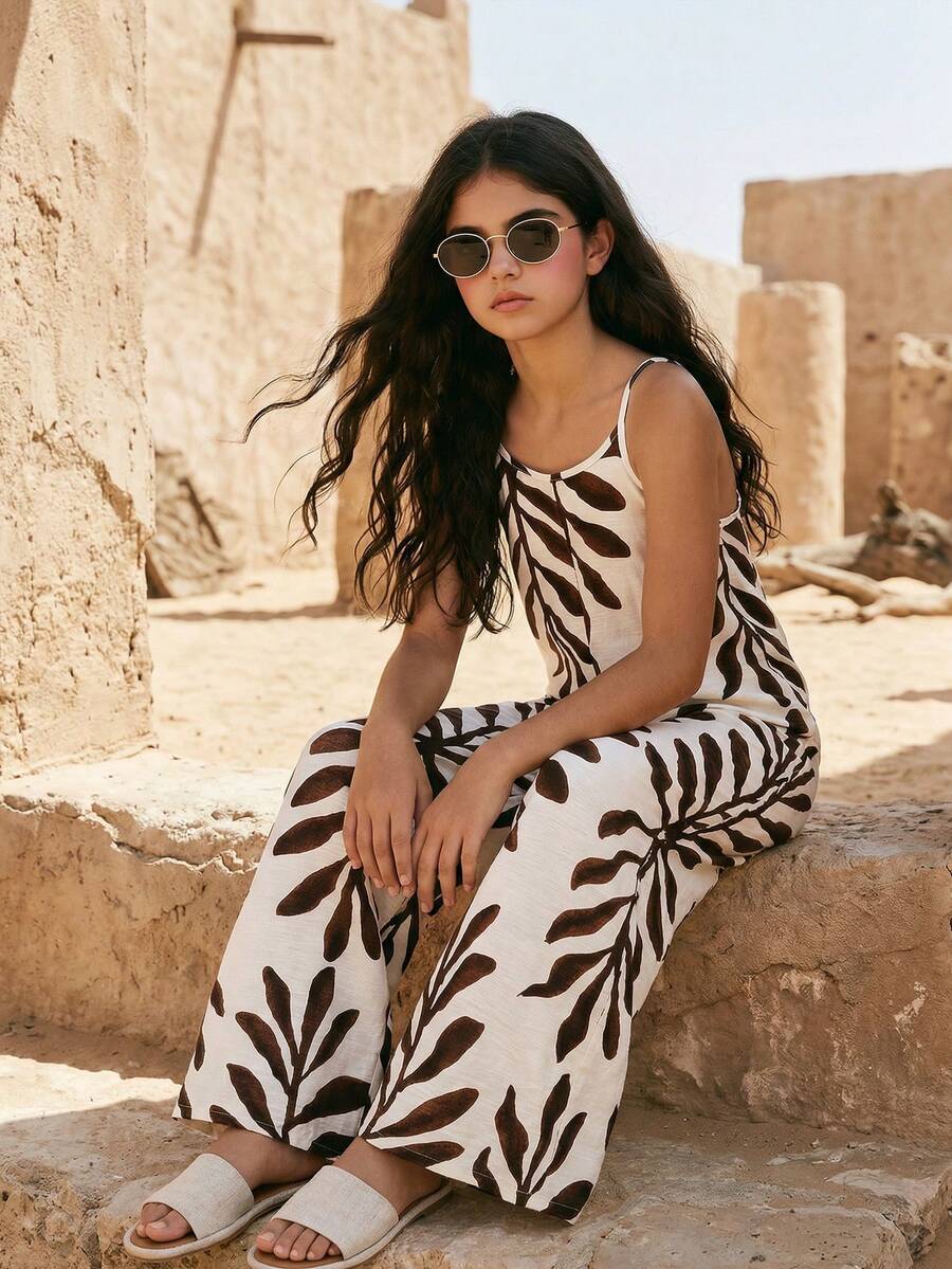 Tween Girls Casual Boho Vacation Style Spaghetti Strap Loose Comfortable Jumpsuit - Khaki - View 1