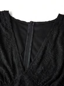 Ellevyn Women's Elegant V-Neck Mesh Silver Foil Ruffle Sleeve Black Jumpsuit, Slim Fit Wide Leg Style, Suitable For Spring/Summer Weddings And Parties - Black - View 8