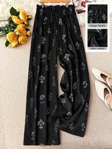 EMERY ROSE Plus Size Black Woven Wide Leg Pants With Elegant Random Print Long Length And Stylish Paperbag Waist Fall - Black - View 1