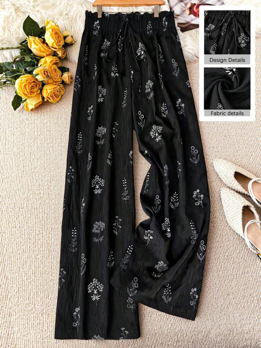 EMERY ROSE Plus Size Black Woven Wide Leg Pants With Elegant Random Print Long Length And Stylish Paperbag Waist Fall - Black - View 1