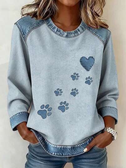 EMERY ROSE Women's Fashionable Casual Denim Effect Long Sleeve T-Shirt