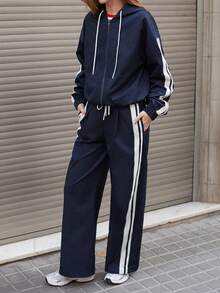Maija 女士海军蓝白条纹落肩侧缝前拉链装饰休闲外套，四季皆宜的连帽卫衣嬉皮风 - 藏蓝色 - 查看 7
