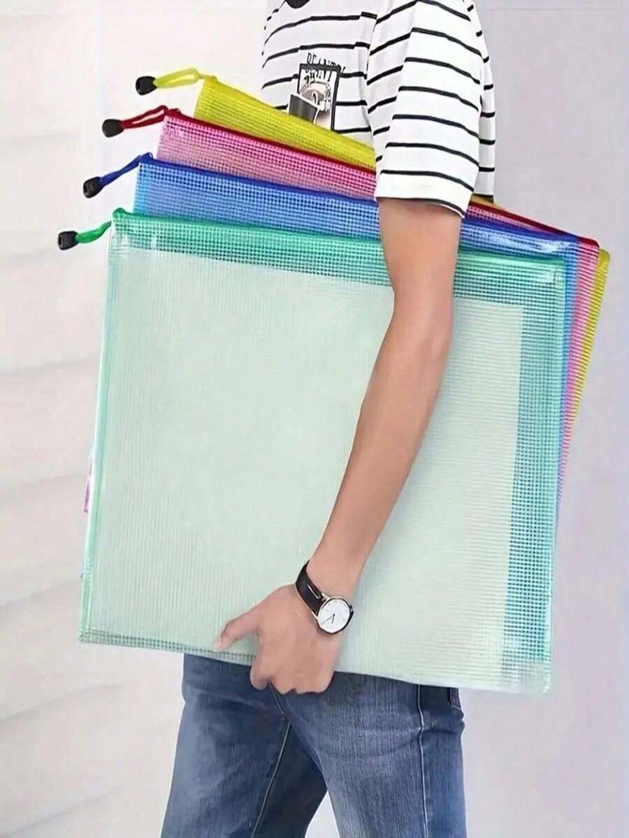 Extra Large Grid Waterproof Zipper Document Bag - A3 Transparent Student And Professional Document Organizer, Ideal For Paper And Exam Storage. - Multicolor - View 1