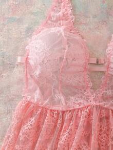 Spicy Aura Vestido de encaje con escote en V profundo, parches, volantes y lazo en la espalda, elegante y encantador, talla grande, para el Día de San Valentín en color rosa - Rosa - Ver 4