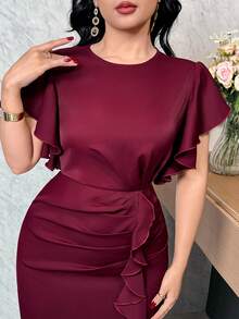 Feyla Women's Solid Color Round Neck Ruffle Hem Elegant Short Sleeve Midi Dress - Burgundy - View 5