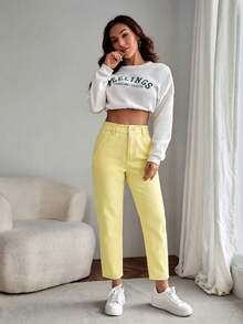 EMERY ROSE Dam sommarjeans med raka ben och paperbag-midja - Gul - Visa 4