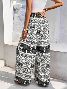 SHEIN Frenchy 休闲大象印花宽松裤 - 杏色 - 查看 2