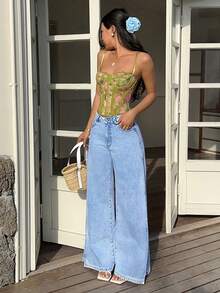 Sunnyshic Jeans vaqueros de pierna ancha y desgastados de estilo casual para vacaciones de mujer - Azul - Ver 3