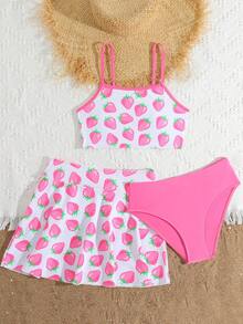 SHEIN Tween Girl Strawberry Print Swimsuit/3 Pieces Set, Beach Vacation - Multicolor - View 4