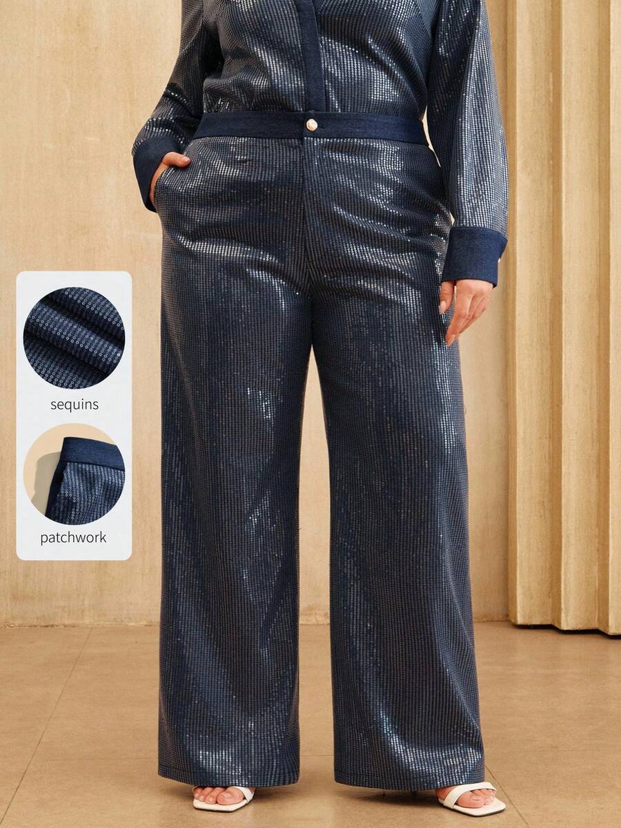 Anewsta Quần ống đứng chắp vá sequin thanh lịch cỡ lớn dành cho nữ, quần công sở quyến rũ - Màu xanh hải quân - Xem 1
