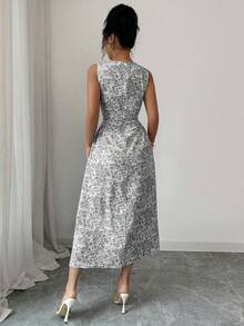 Rafferiza Women's French Style Vacation Blue Floral Print Ruffle Sleeveless Dress - Black - View 2