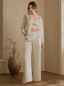 Anewsta 高品质法式复古优雅镂空蕾丝拼接棒球夹克，透视镂空拉链短款外套，通勤休闲百搭小众设计上衣 - 杏色 - 查看 3