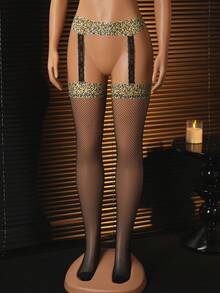 ChaseTheNight Sexy Spaghetti Strap Bodystocking, Leopard Print Elements Paired With Fishnet Material, Adding Wild Charm To Nighttime Looks - Multicolor - View 5