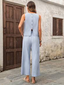 EMERY ROSE 女士休闲度假条纹印花无袖上衣和阔腿裤两件套 - 藍色 - 查看 2