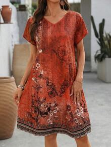EMERY ROSE Women's Summer Short-Sleeved Dress With Geometric Pattern Print Loose Women Vacation Boho Casual Dress,Spring Dresses For - Orange - View 5