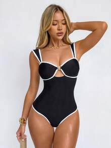 Shapewave 女士黑白海星印花连体泳衣，聚拢提臀，收腹提臀，交叉露背设计，适合海滩度假派对 - 黑與白 - 查看 5