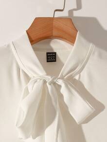 Franclia 优雅法式编织蝴蝶袖领蝴蝶结衬衫，女士白色 - 白色 - 查看 4