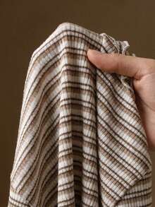 Anewsta 条纹优雅长袖荷叶边弹力女式T恤 - 巧克力棕 - 查看 6