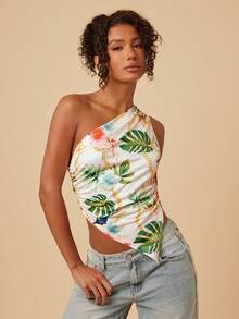 Travachic 热带印花度假风不对称下摆褶皱衬衫 - 彩色 - 查看 3