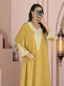 Al Najma Women's Loose Embroidered Beaded Robe For Ramadan - Mustard Yellow - View 3