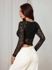 SHEIN PETITE Women's Floral Lace Asymmetric Hem Fitted Long Sleeve T-Shirt See Through Top Lace Crop Top Lace Long Sleeve Top - Black - View 2