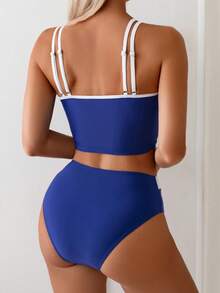 Swim Basics Women's Contrast Color Thin Strap Tankini Top And High Waist Bottoms Tankini Set - Navy Blue - View 2