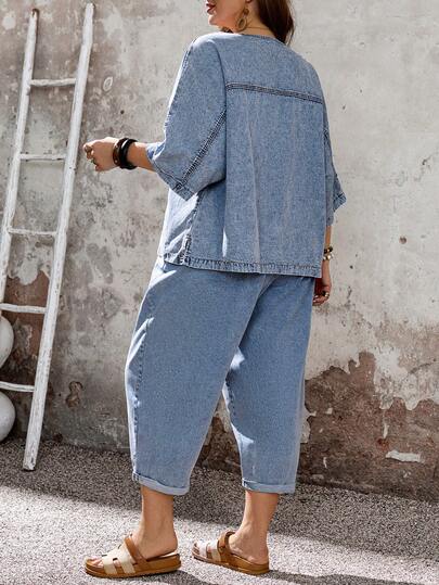 EMERY ROSE Mature Denim Plus Size Denim Long Sleeve Top And Pants 2 Pieces Set,Summer,Valentine's Day,