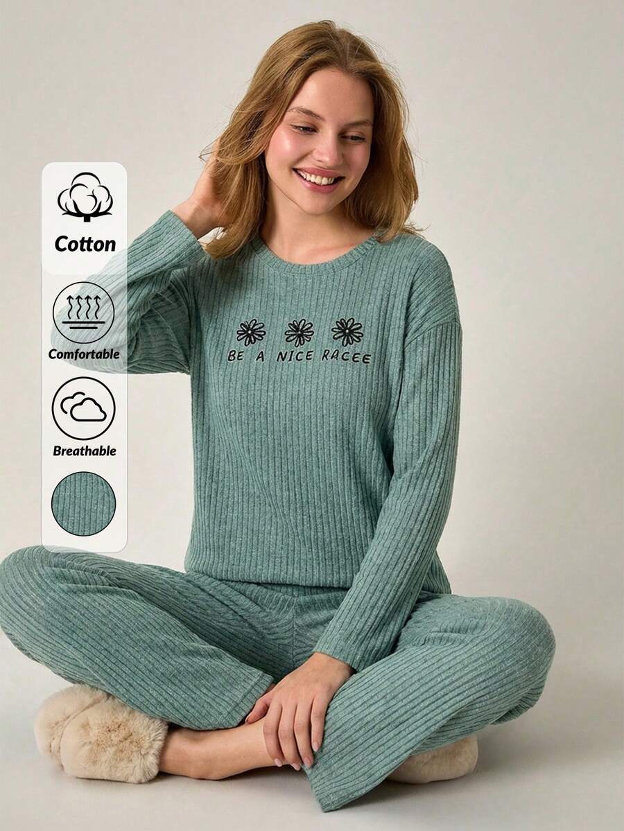 Loomlin 100%Cotton Floral & Slogan Graphic Ribbed Knit Lounge Set