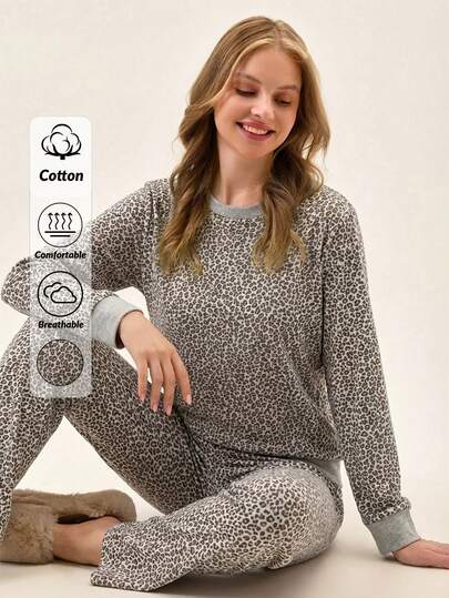 Loomlin Dam Bomull Leopardmönster Rund Hals Långärmad Topp & Fejk Dragsko Byxor Dam Pyjamasset